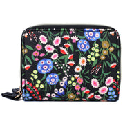 A black vegan leather wallet with a floral pattern in multicolor featuring gold-tone zipper hardware.