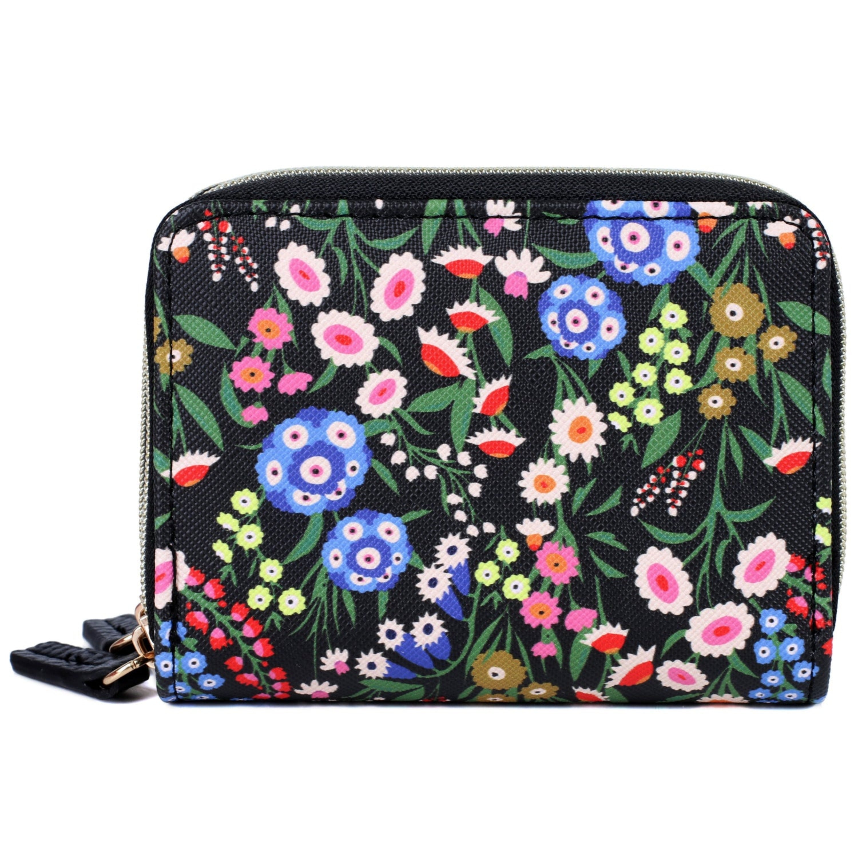 A black vegan leather wallet with a floral pattern in multicolor featuring gold-tone zipper hardware.