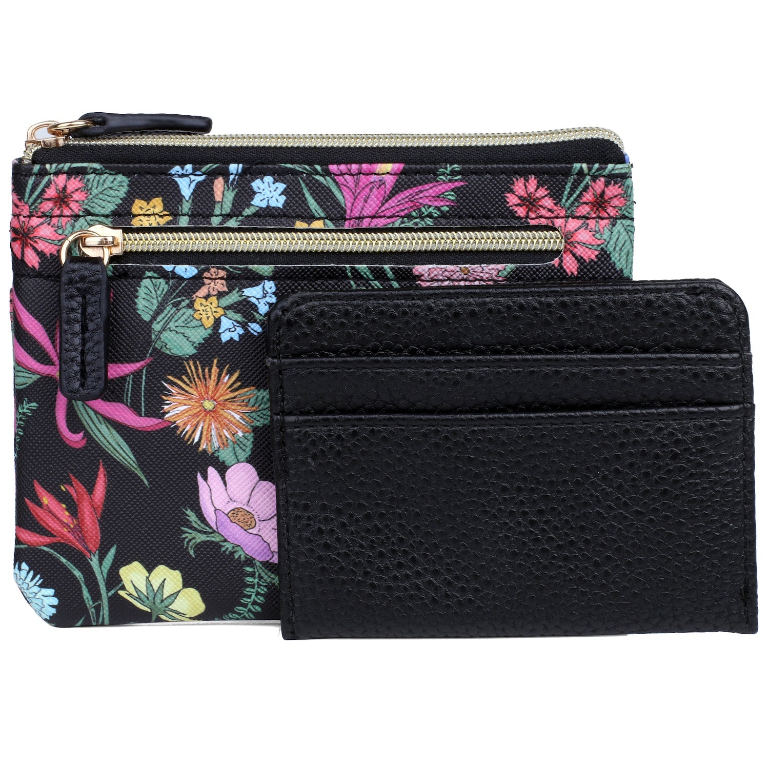 Floral and black color textured wallet with a plain black card holder on a white background
