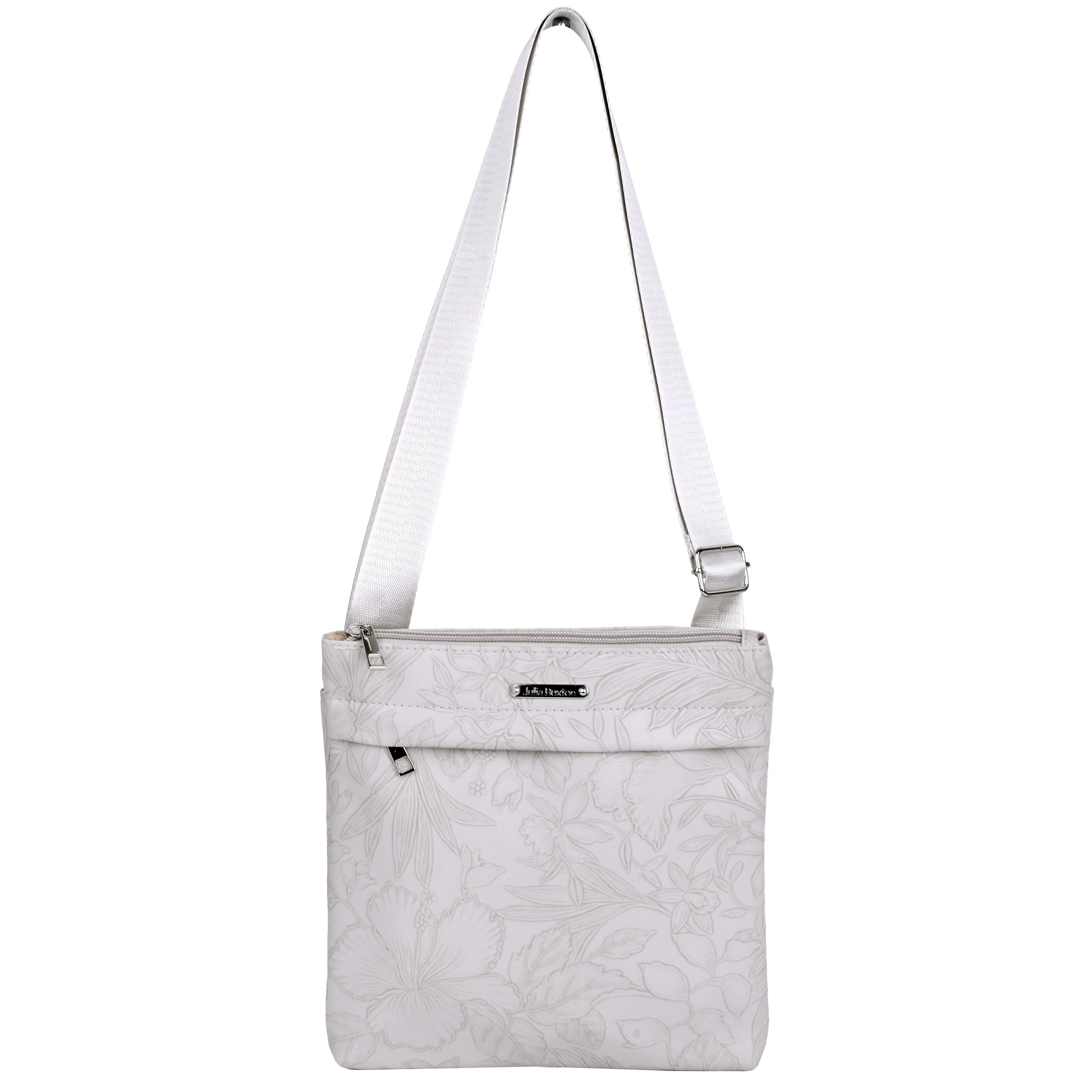 White crossbody bag with subtle pattern on a white background