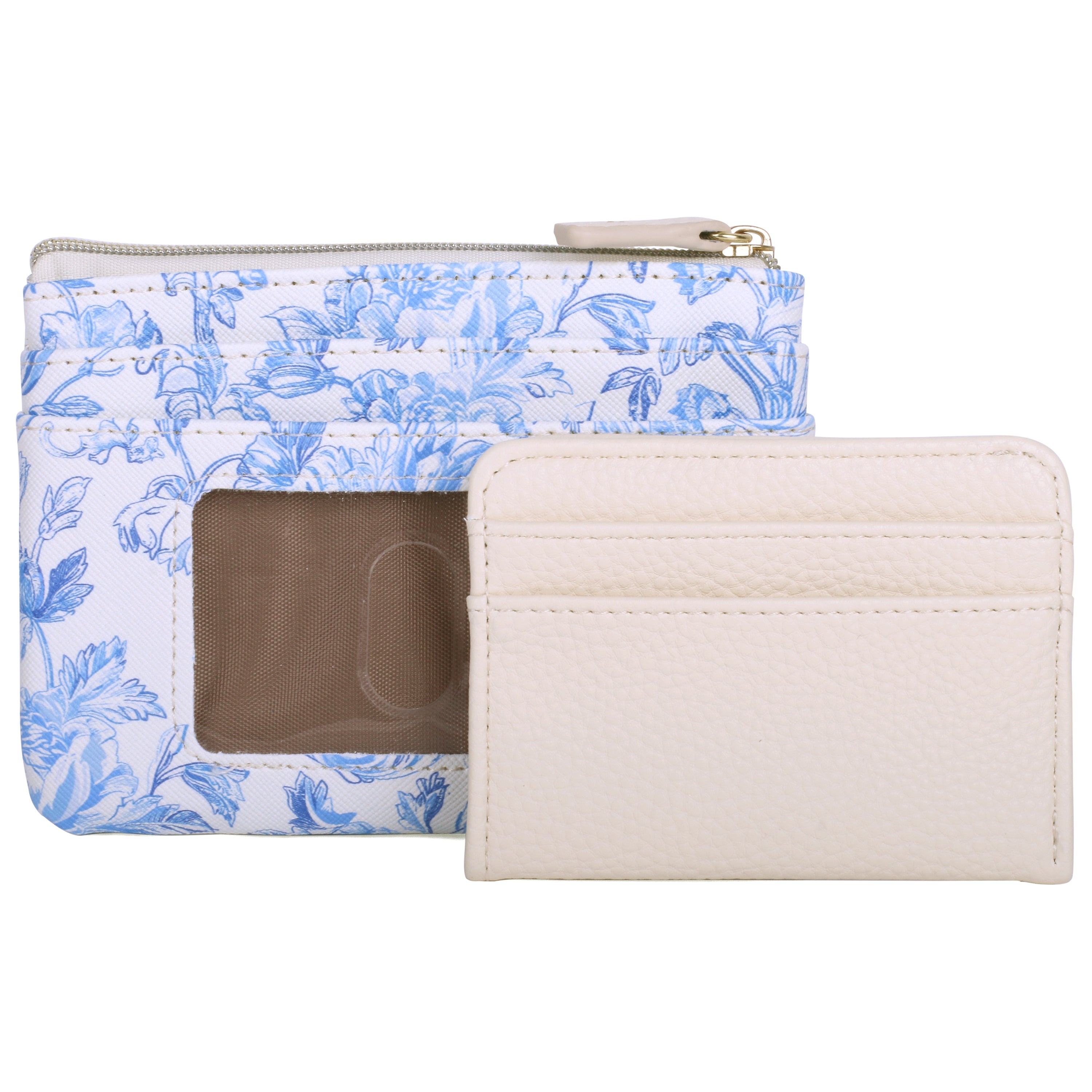 White and light blue floral color textured wallet with a off white card holder on a white background