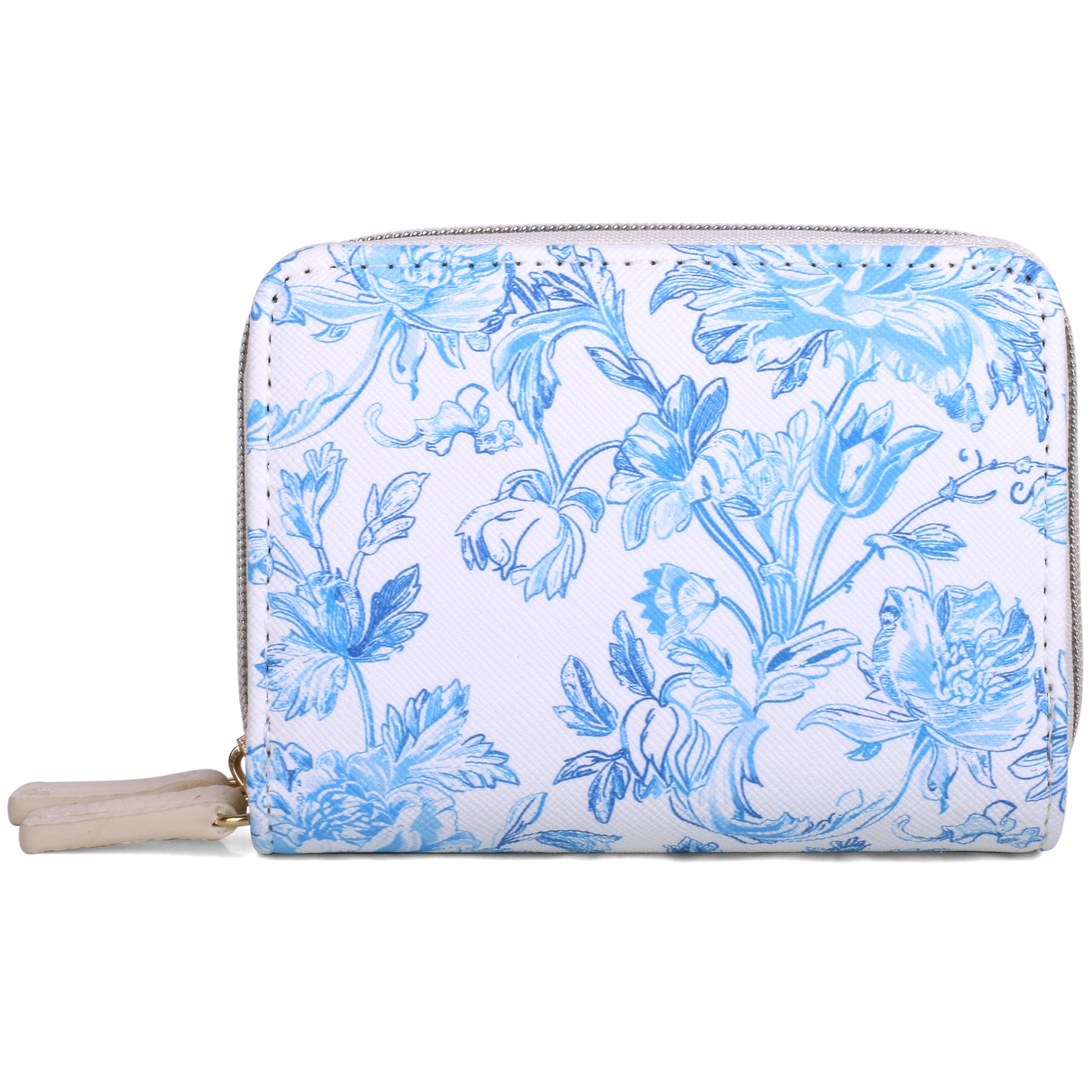 Toile white and blue floral wallet in front of white background