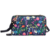 A textured vegan leather wallet with a gold-tone zipper and a detachable shoulder strap in Fragrant Floral colour.