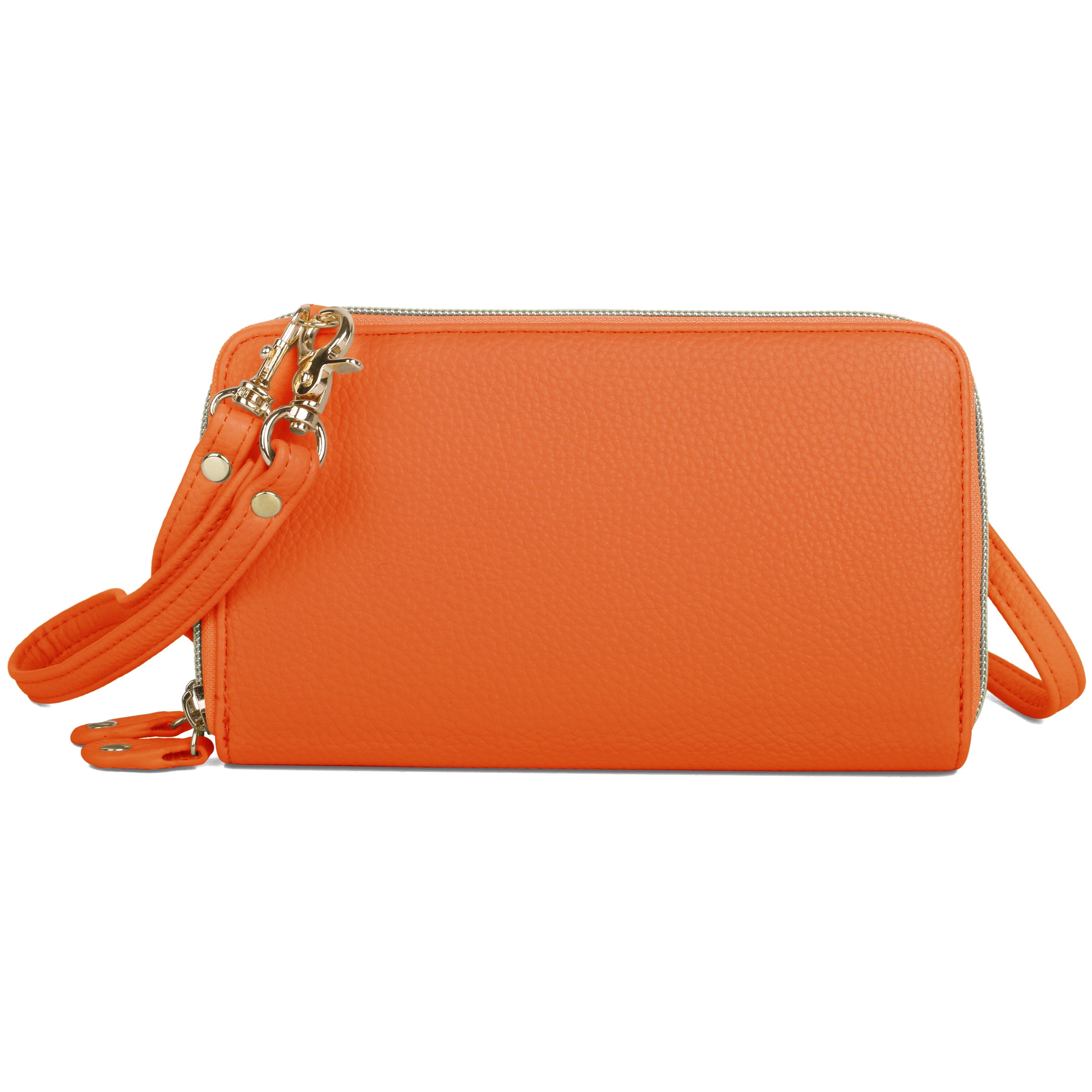 A textured vegan leather wallet with a gold-tone zipper and a detachable shoulder strap in Exuberance colour.