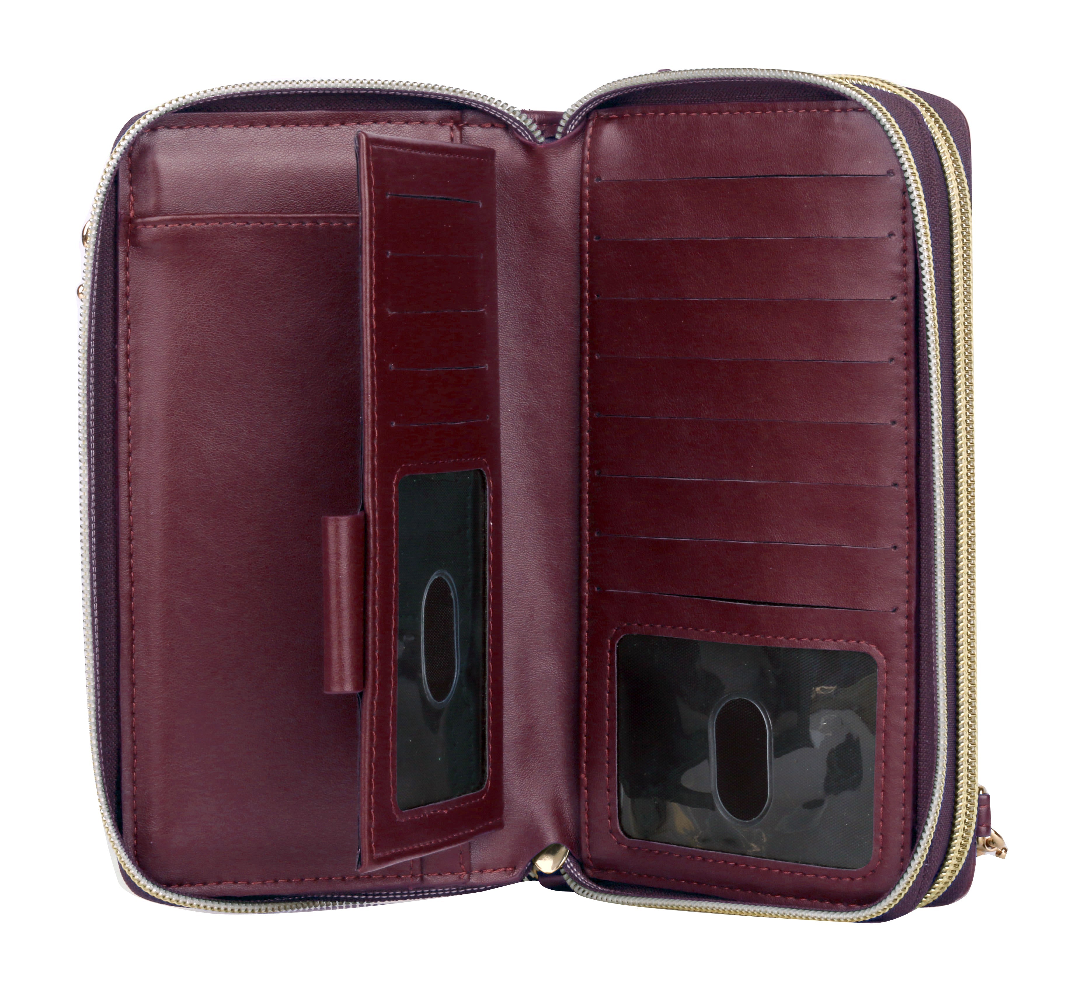 A textured vegan leather wallet with a gold-tone zipper and a detachable shoulder strap in wine colour.