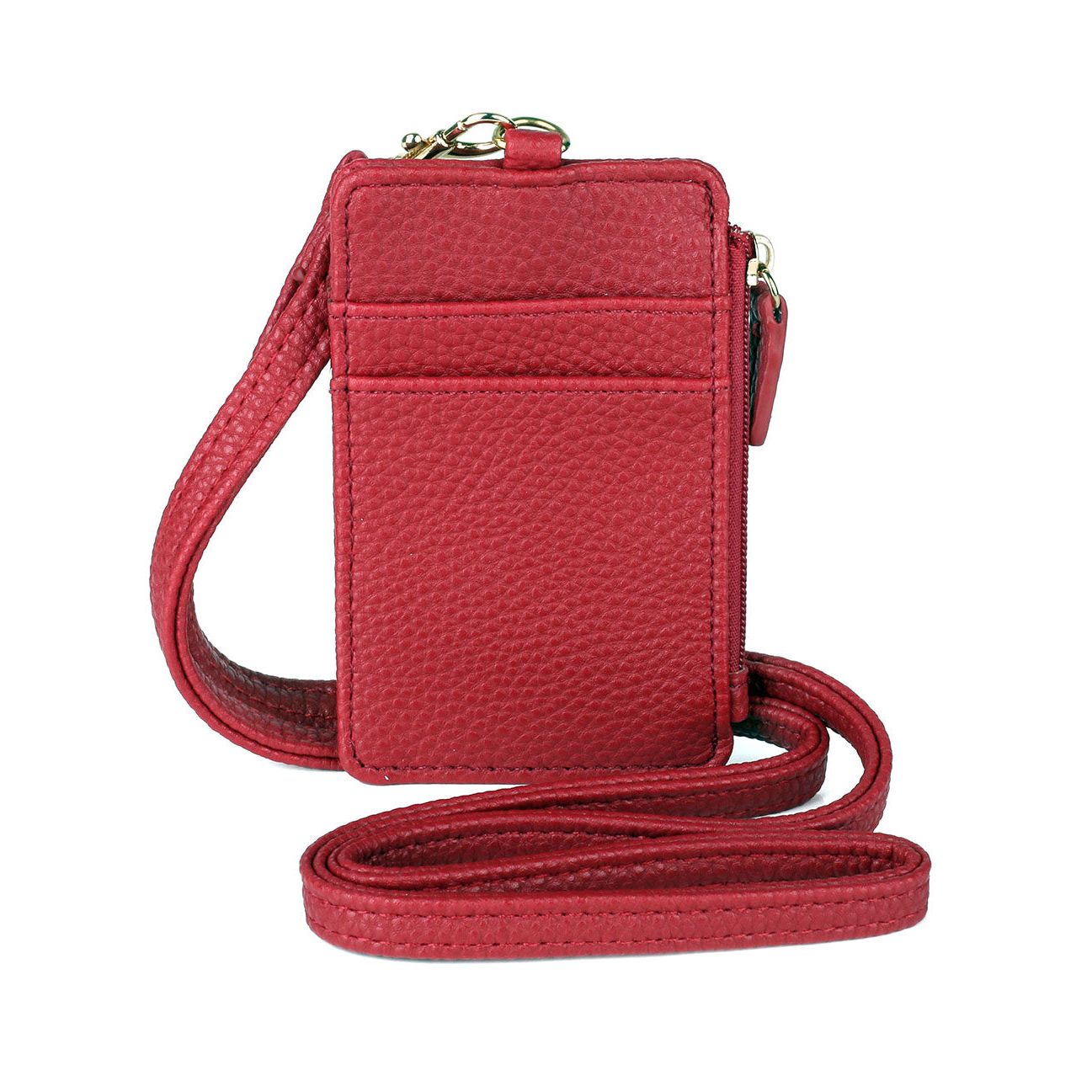 Red pebble leather lanyard case with a strap on a white background
