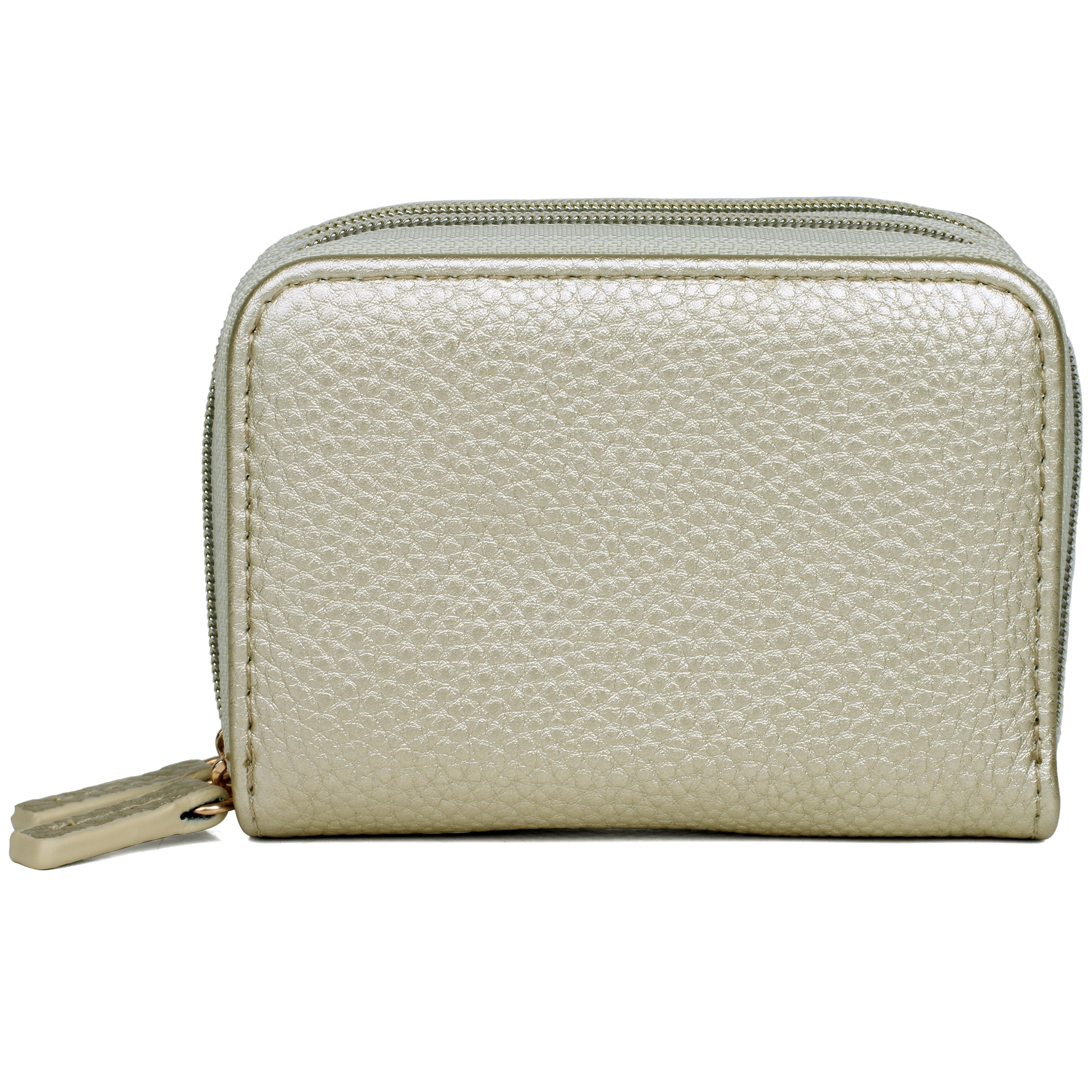Metallic gold wallet in front of a white background
