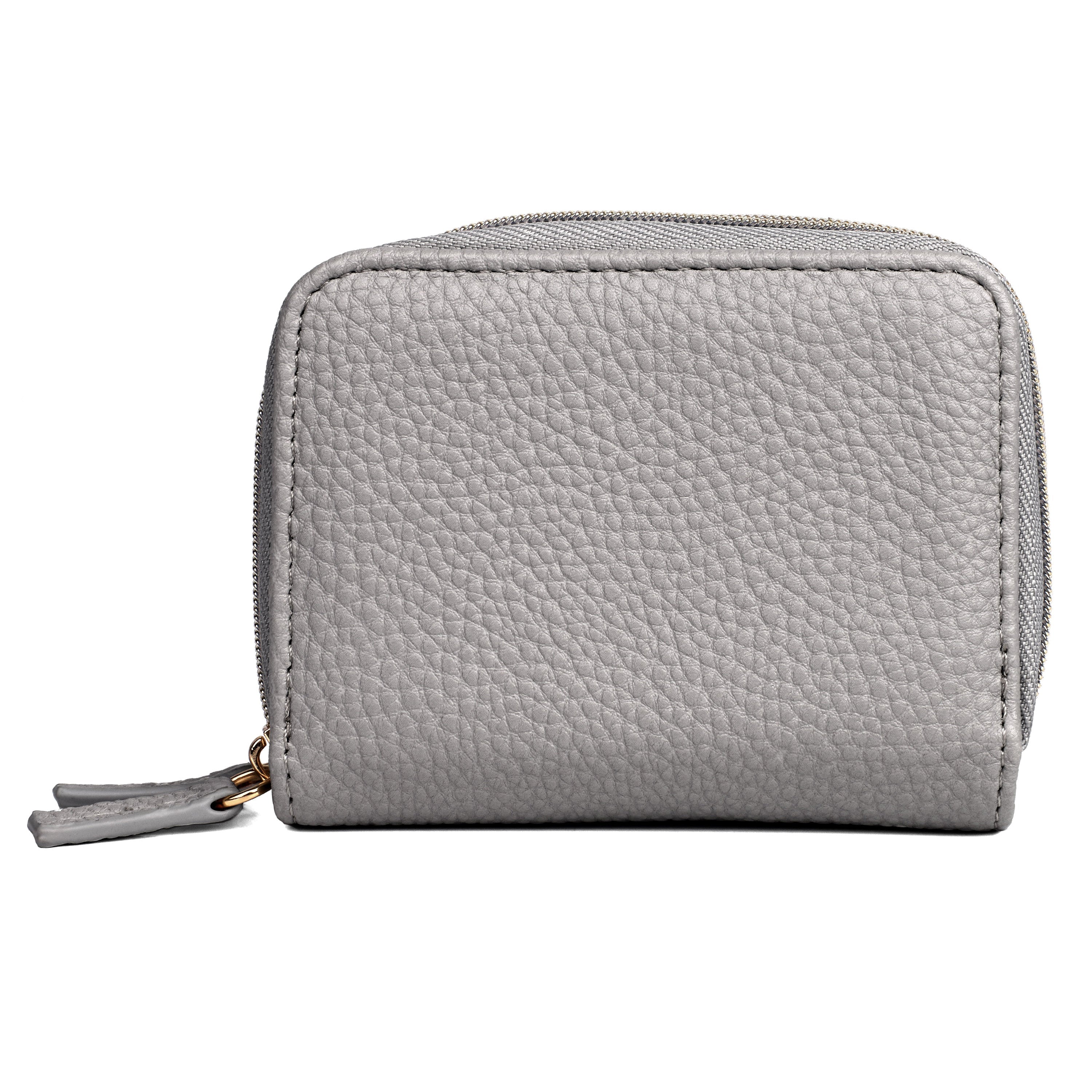 Grey wallet in front of white background with gold metal 