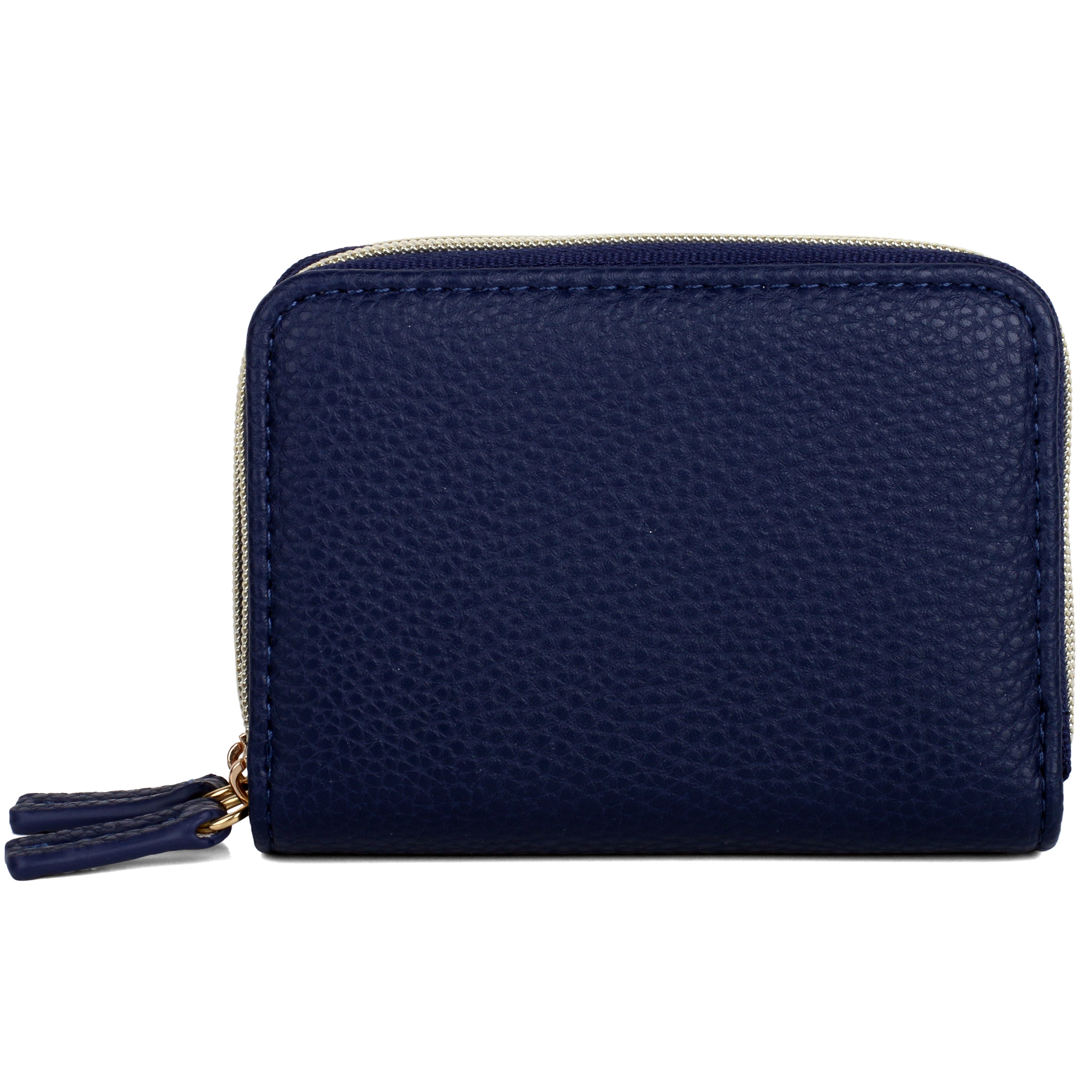 Navy blue wallet with a small tassel on a white background