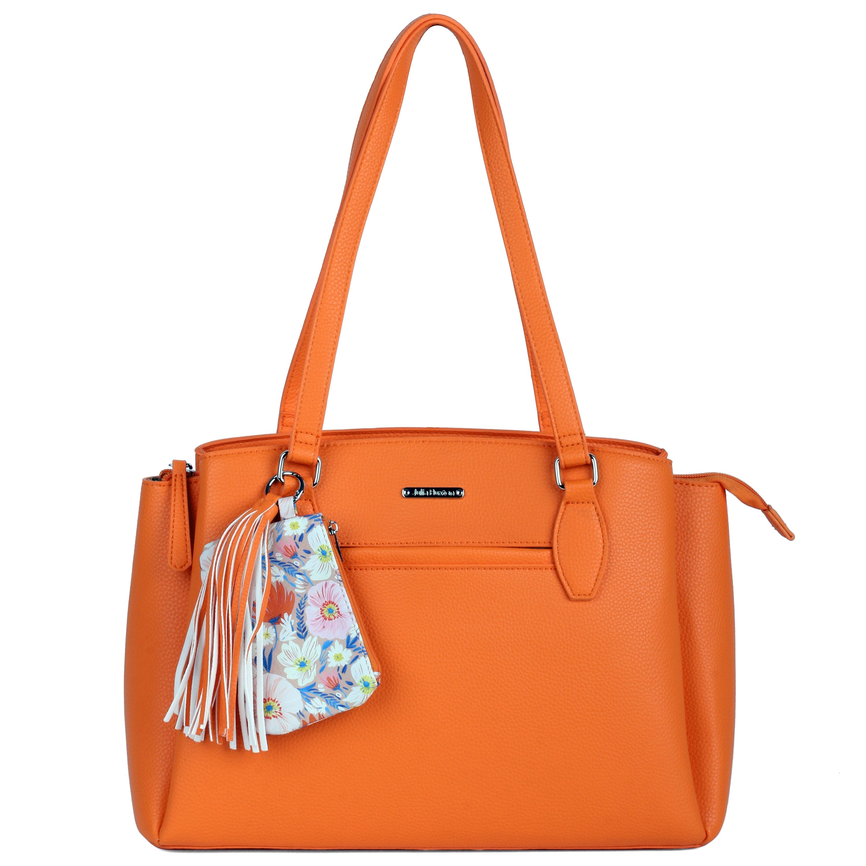 Orange handbag with a floral pouch attached on a white background