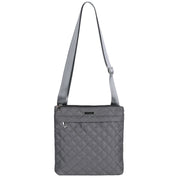 Gray quilted crossbody bag on a white background