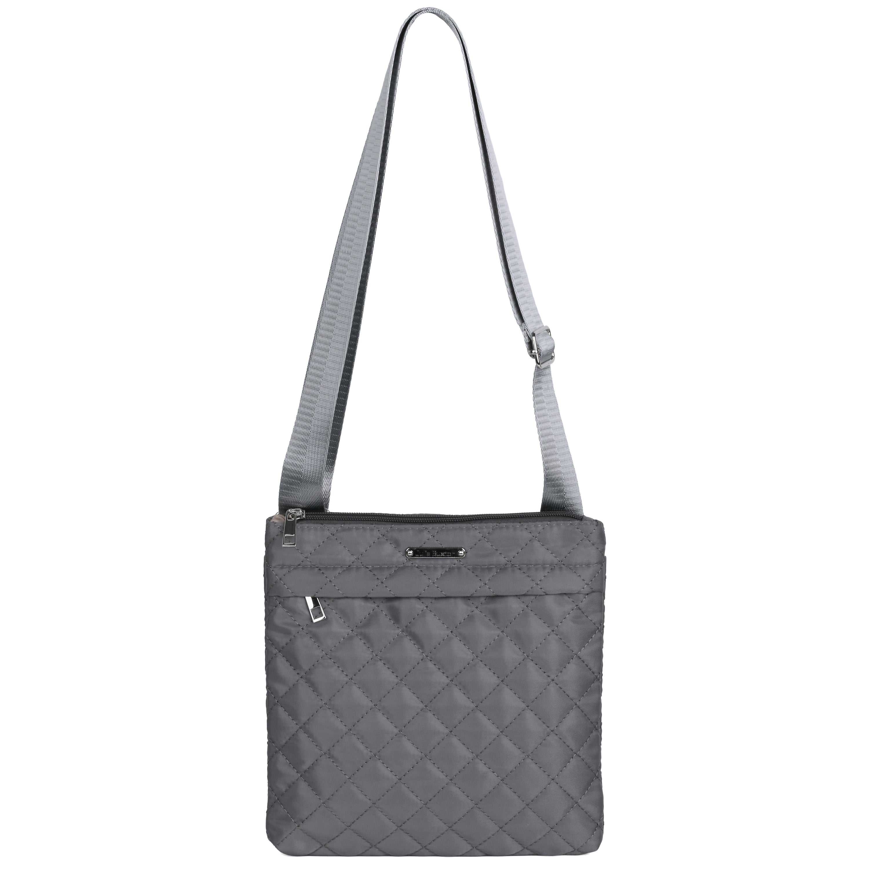 Gray quilted crossbody bag on a white background