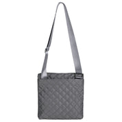 Gray quilted shoulder bag with a strap on a white background