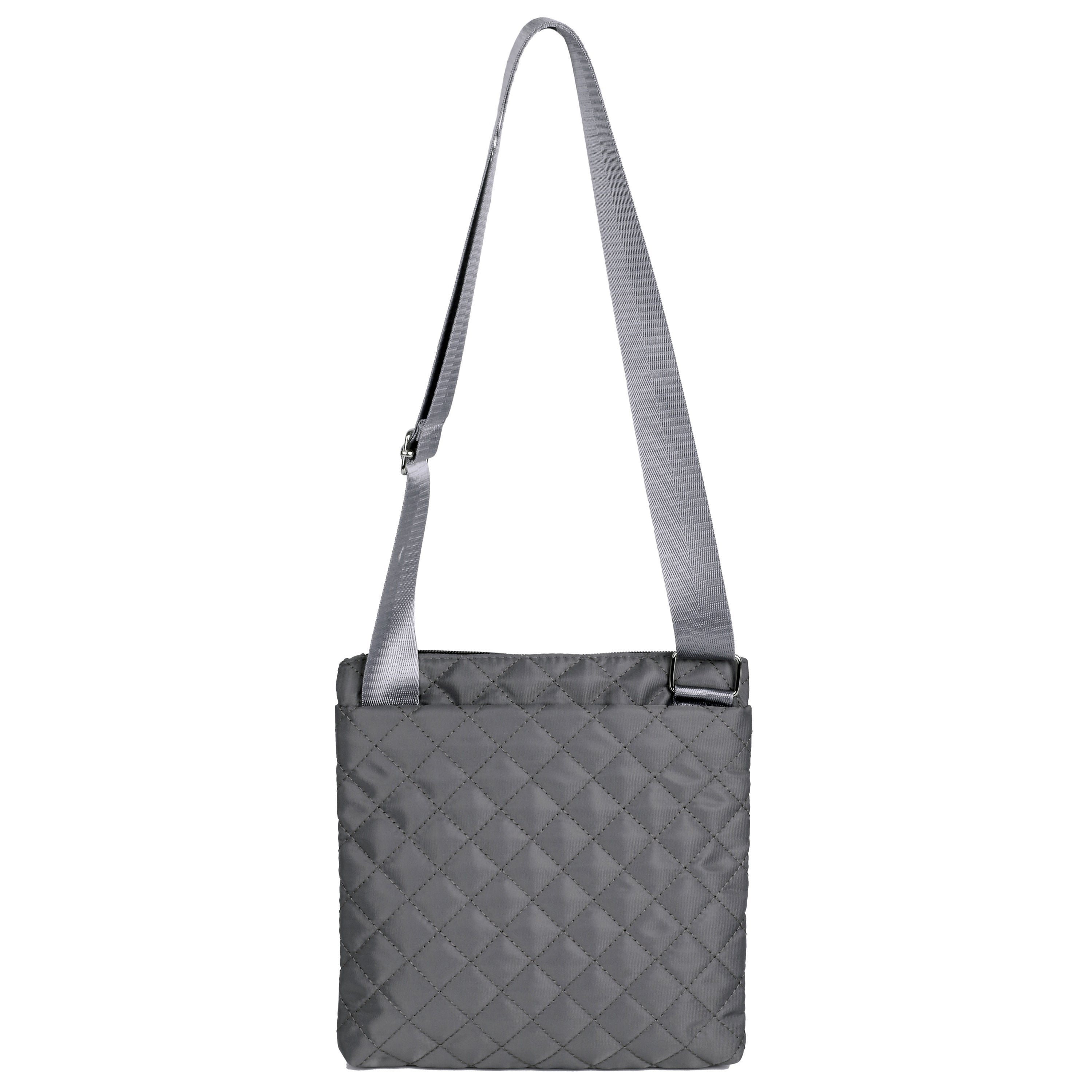Gray quilted shoulder bag with a strap on a white background
