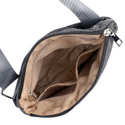 Gray crossbody bag with brown interior on a white background