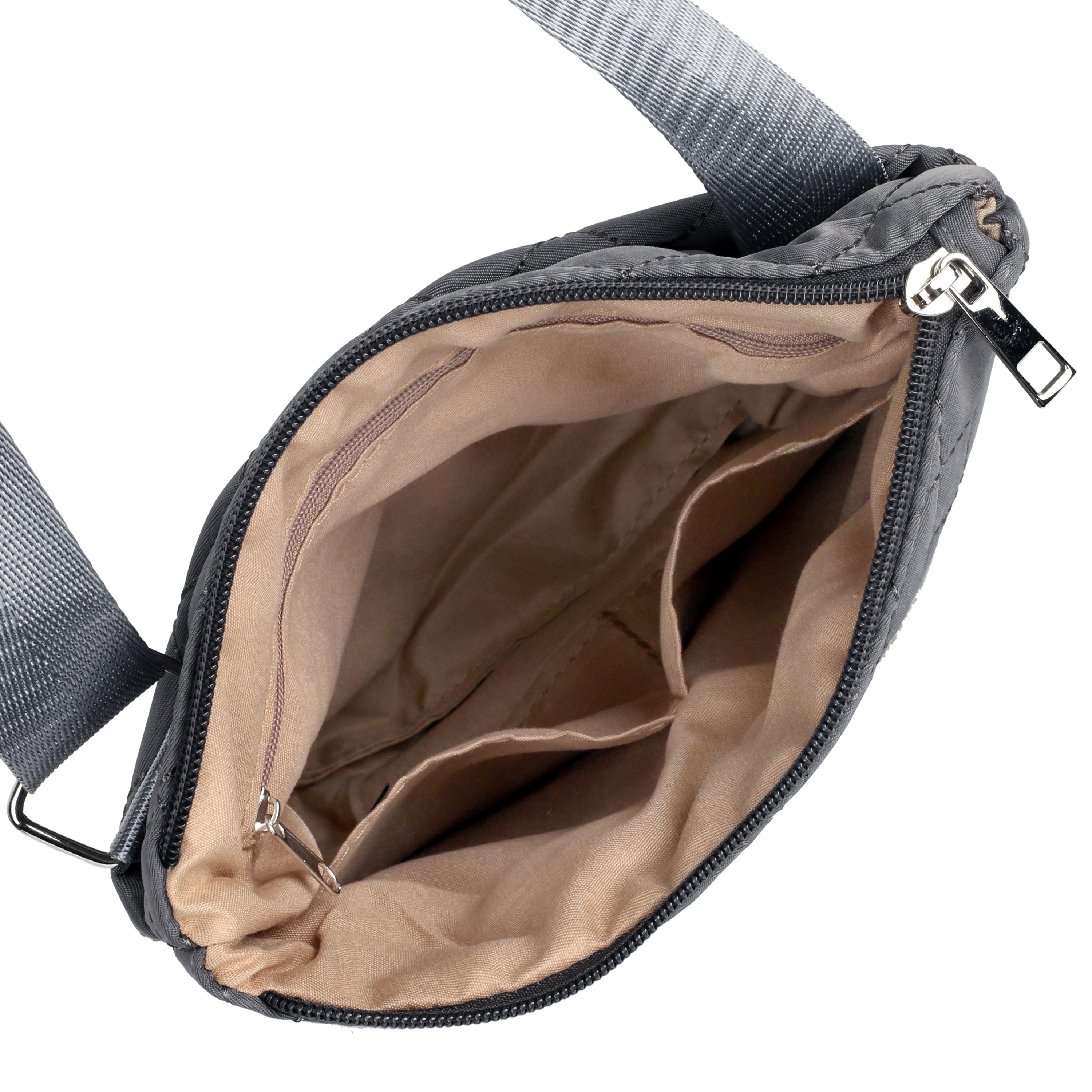 Gray crossbody bag with brown interior on a white background