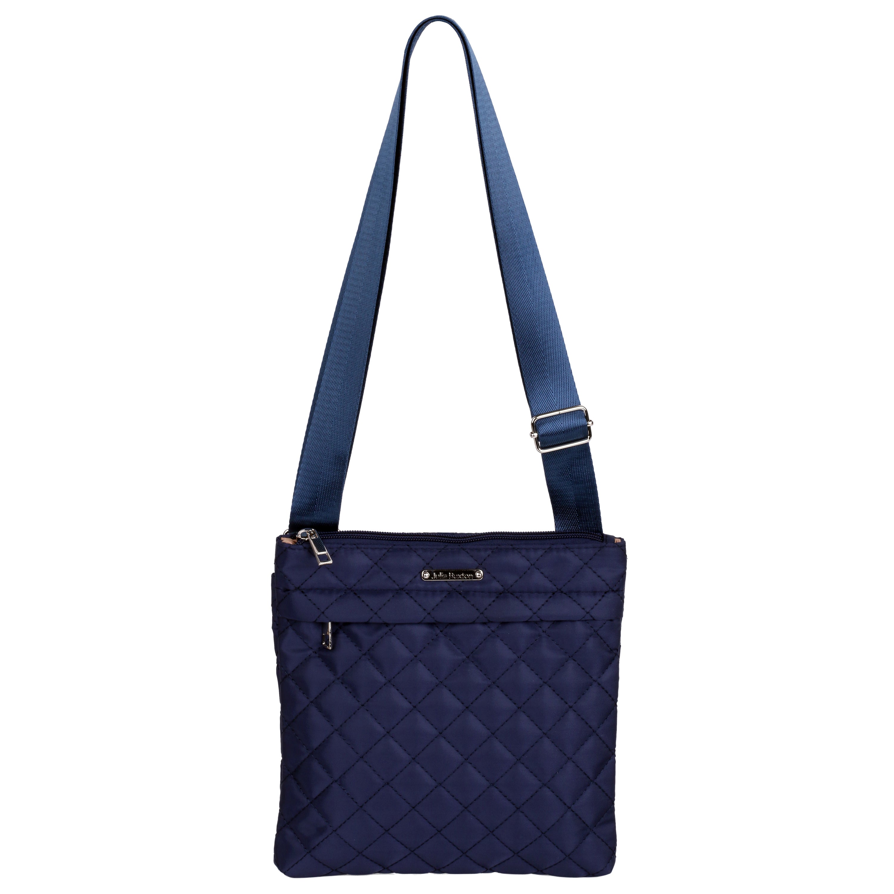 Navy quilted shoulder bag with a strap on a white background
