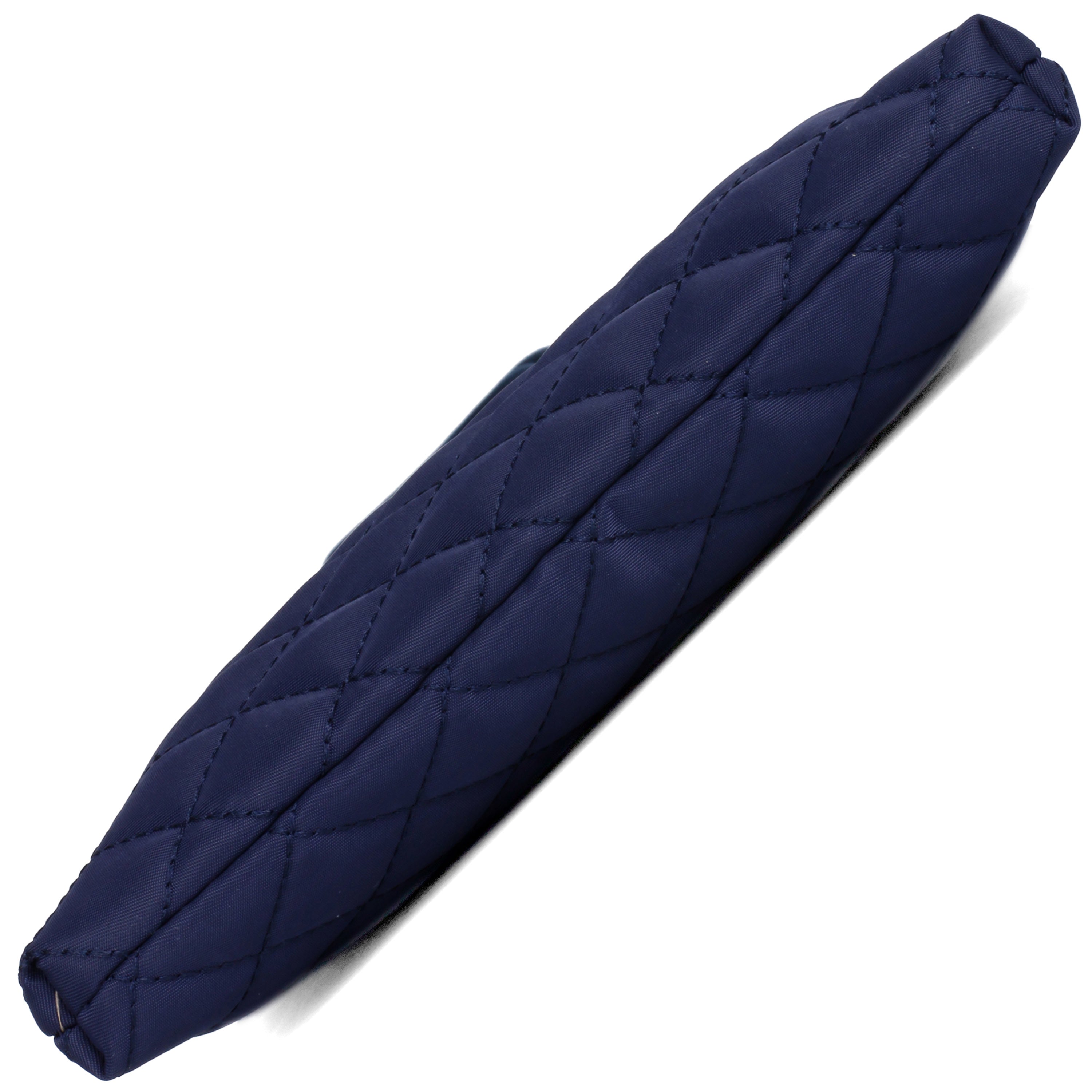 Quilted navy blue crossbody bag on a white background