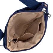 Navy blue bag with beige interior on a white background