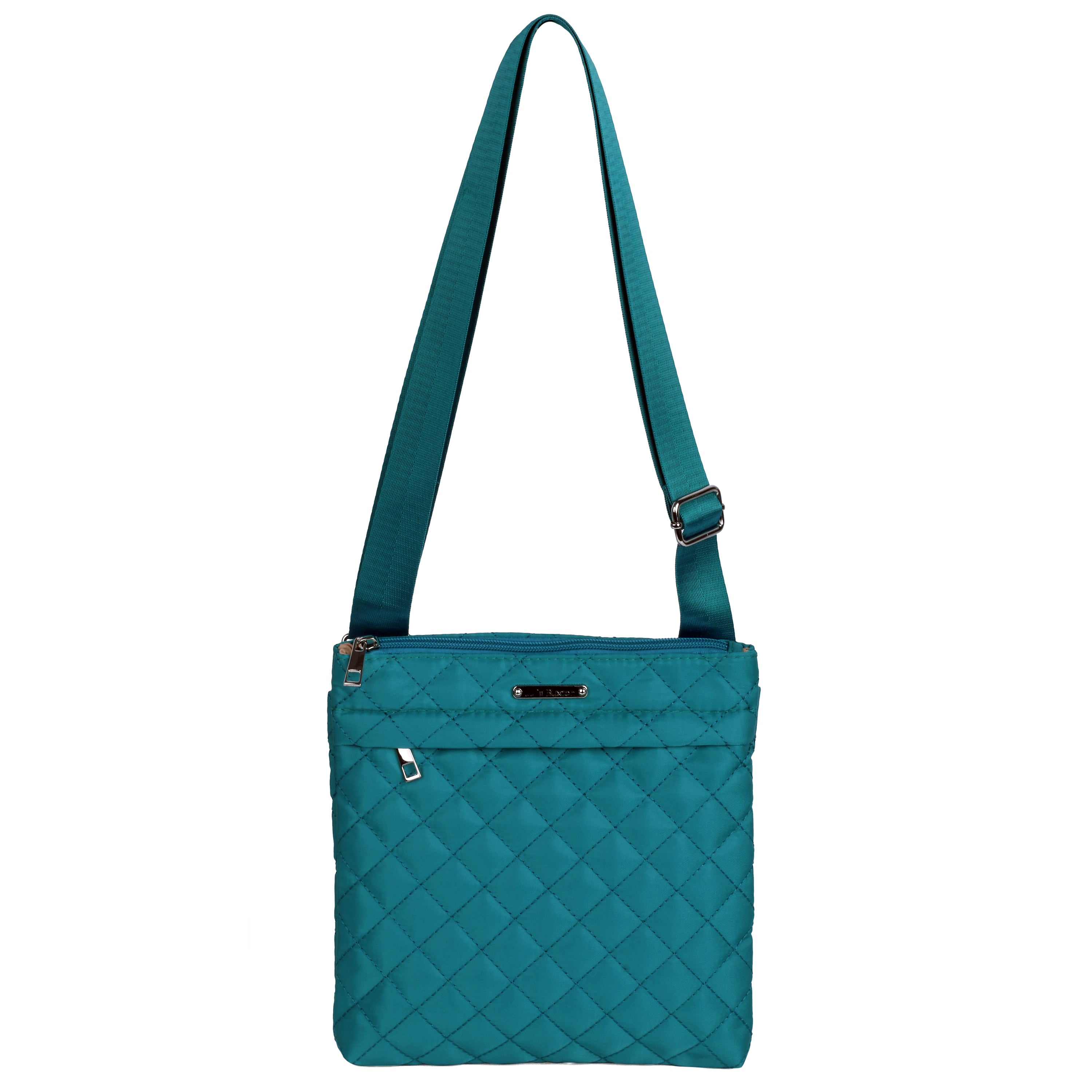 Teal quilted shoulder bag on a white background