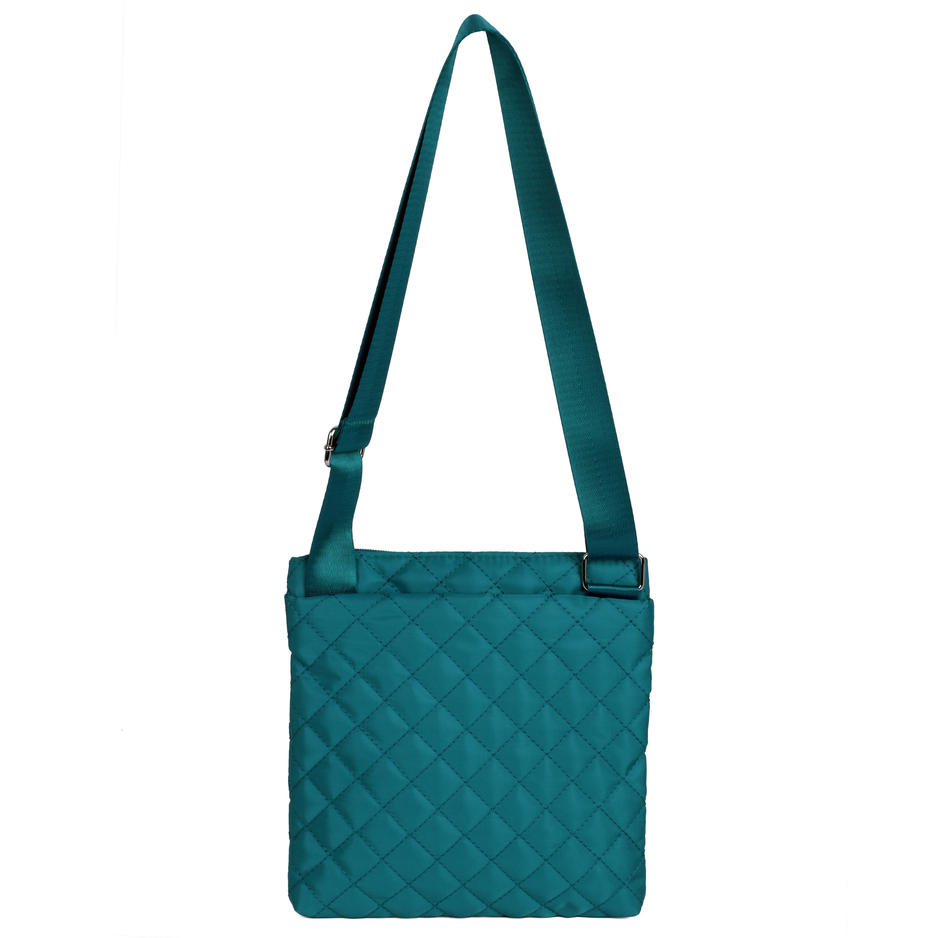 Teal quilted crossbody bag on a white background