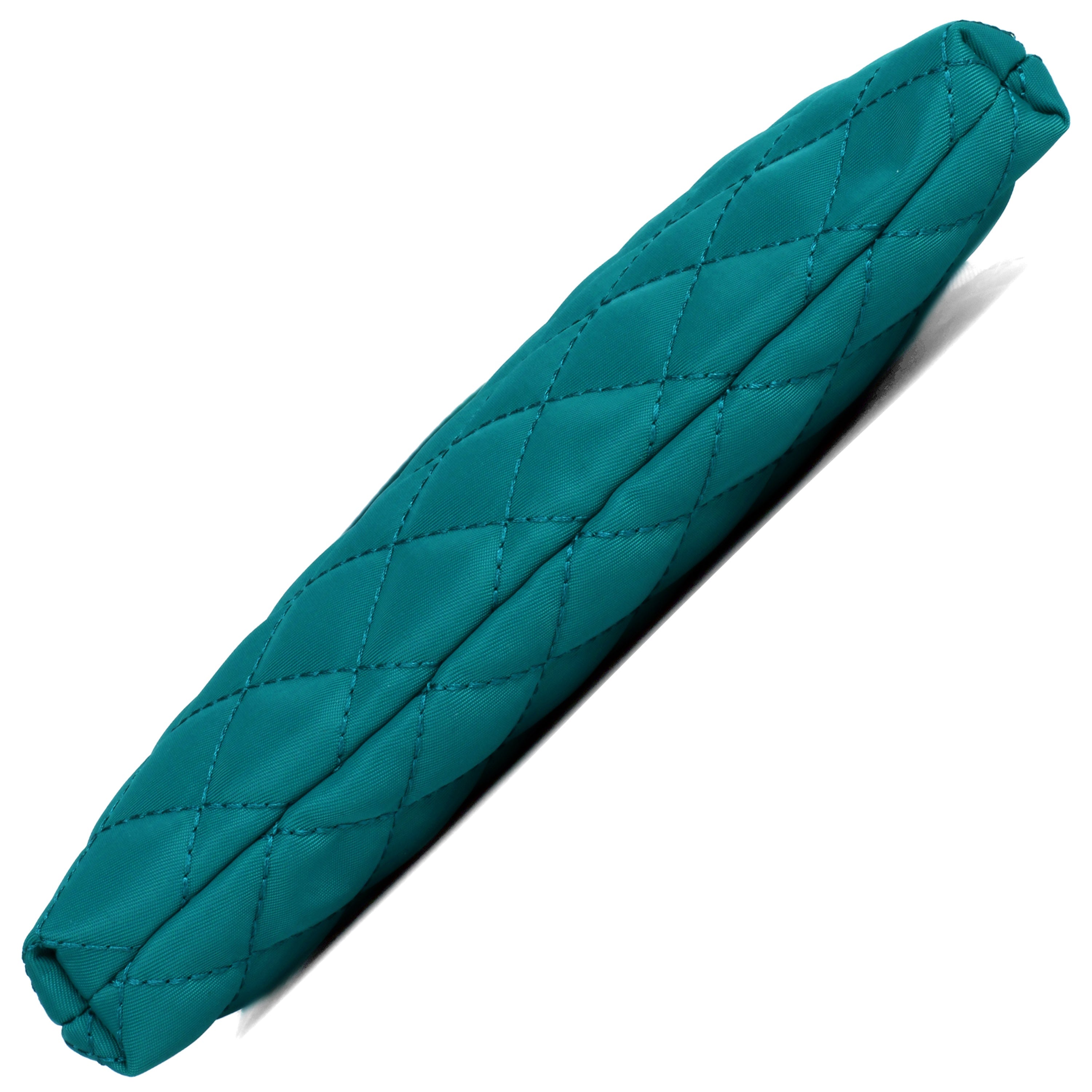 Teal quilted crossbody bag on a white background