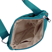 Teal crossbody bag with beige interior on a white background